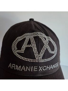Armani Exchange Black Cap with Silver Rhinestone Logo